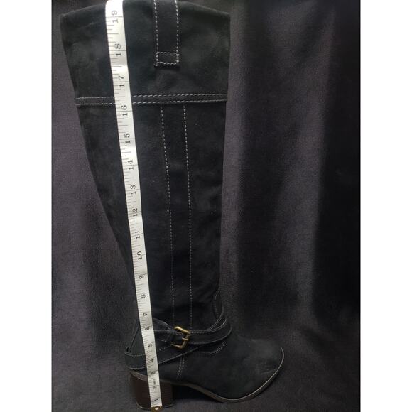 New Direction Black Suede Like Material Buckle Harness Strap High Heel Boots - Picture 6 of 10